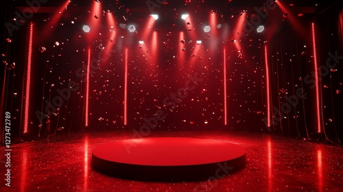 Red stage with spotlights and falling confetti.