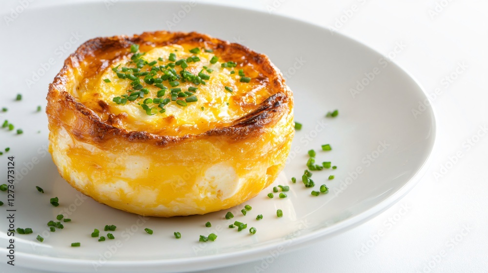 A gourmet cheesy baked egg cup with a golden, bubbly cheese crust, garnished with chives and served on a matte white plate, isolated on a clean white background A gourmet cheesy baked egg cup with a golden, bubbly cheese crust, garnished with chives and served on a matte white plate, isolated on a clean white background