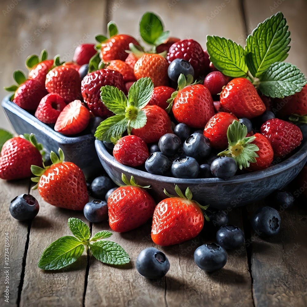 Obraz premium Fresh Berries and Mint in Rustic Bowl