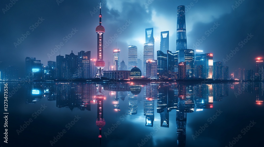 Night cityscape with skyscrapers and river reflection. Night cityscape with skyscrapers and river reflection.