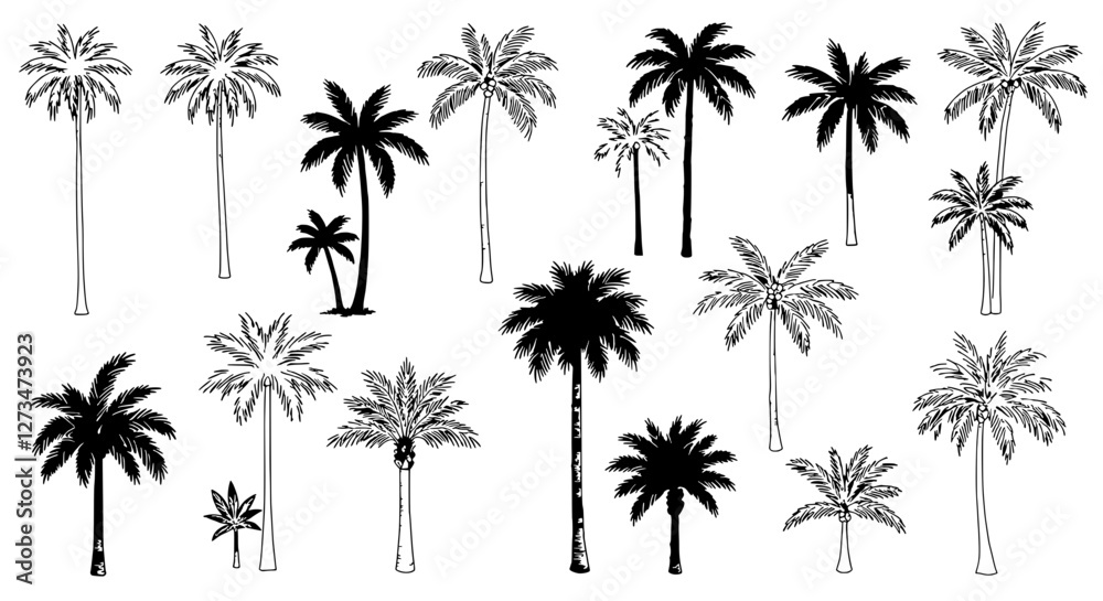 Palm Paradise: A collection of artistic illustrations, capturing the graceful silhouettes of palm trees in various forms. Palm Paradise: A collection of artistic illustrations, capturing the graceful silhouettes of palm trees in various forms.