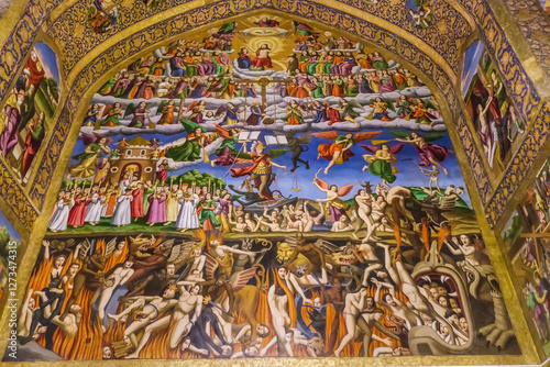 Wall painting in Vank Cathedral in Isfahan, Iran. It depicts heaven and hell. Hell and torment of sinners are at bottom. Heaven, Jesus and righteous are at top. Painting was made around the 1650s photo