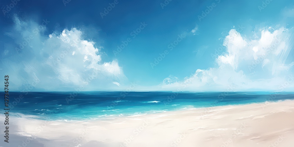 Fototapeta premium A breathtaking seascape with a deep blue sky adorned by wispy clouds, over vibrant light blue-green waters. Gentle waves dance along the horizon, reflecting the serene beauty of nature in an exquisite