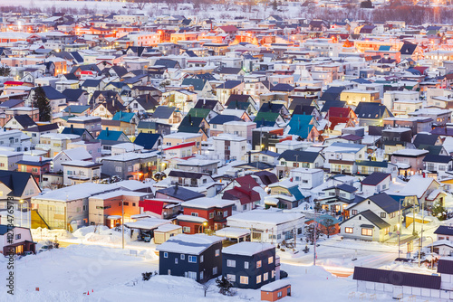 Asahikawa, Japan twilight winter cityscape in Hokkaido photo