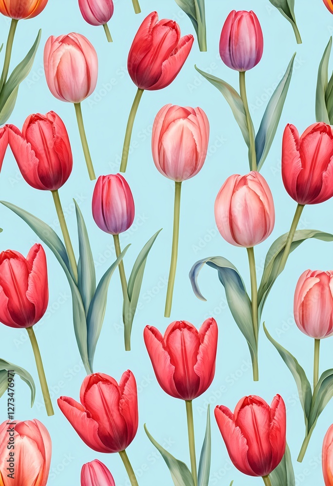 Seamless Pattern of Red and Pink Tulips on Light Blue Background Seamless Pattern of Red and Pink Tulips on Light Blue Background