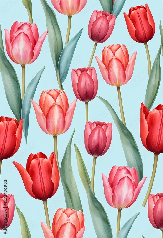 Fototapeta premium Seamless Pattern of Pink and Red Tulips on Light Blue Background