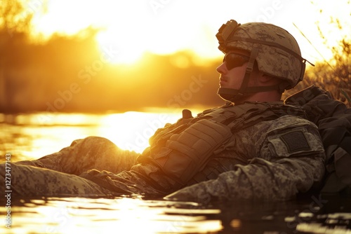 A soldier sits calmly in the water, looking relaxed and at ease photo