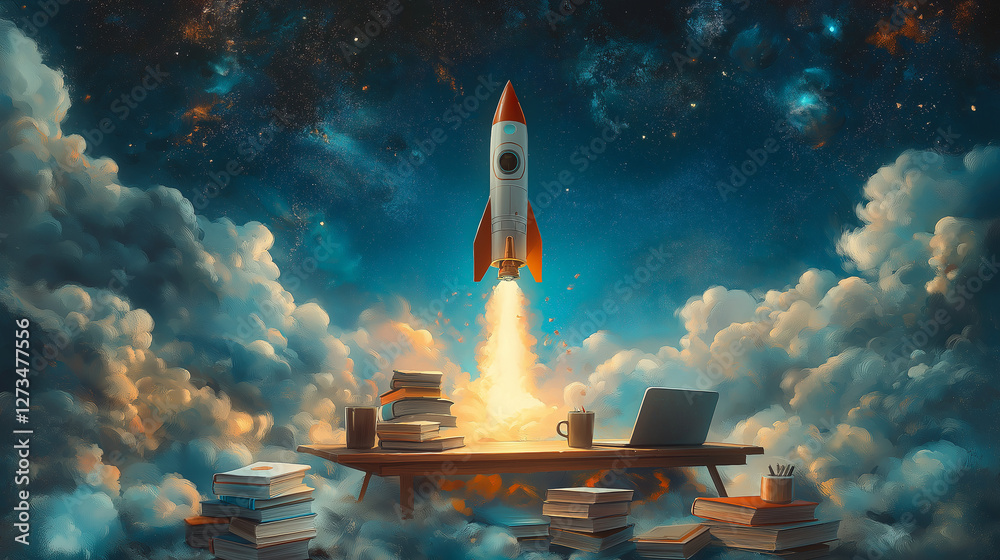 Fototapeta premium Rocket shooting up from a desk with laptop