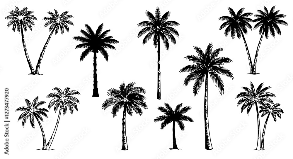 Palm Paradise: A collection of meticulously drawn palm trees, showcasing a variety of sizes and styles. Capturing the essence of tropical landscapes. Palm Paradise: A collection of meticulously drawn palm trees, showcasing a variety of sizes and styles. Capturing the essence of tropical landscapes.