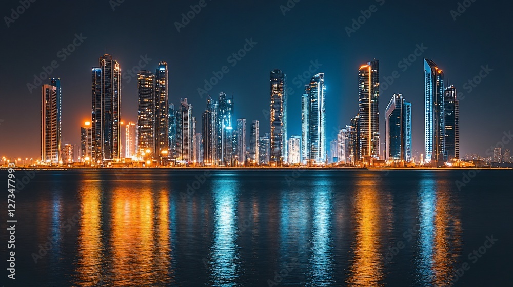 Fototapeta premium Night cityscape skyline reflected in calm water.