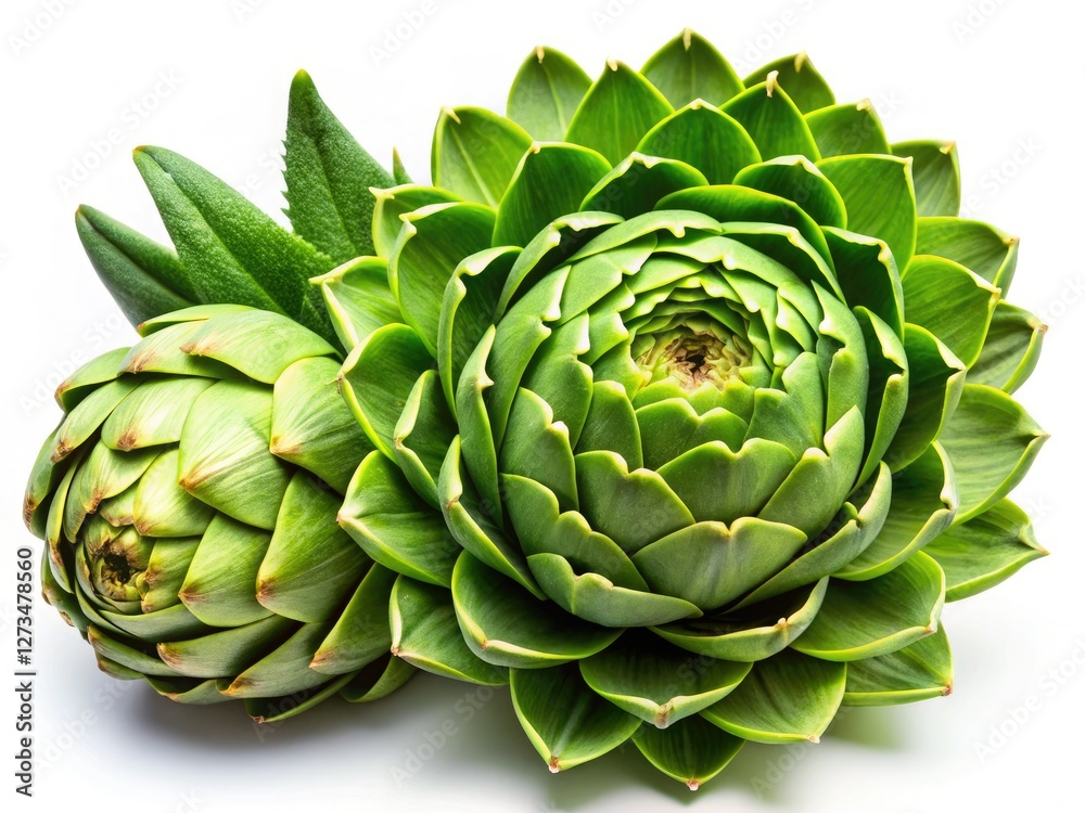 Obraz premium High-resolution food photography showcases a fresh green artichoke and its flower, stark against a white backdrop.