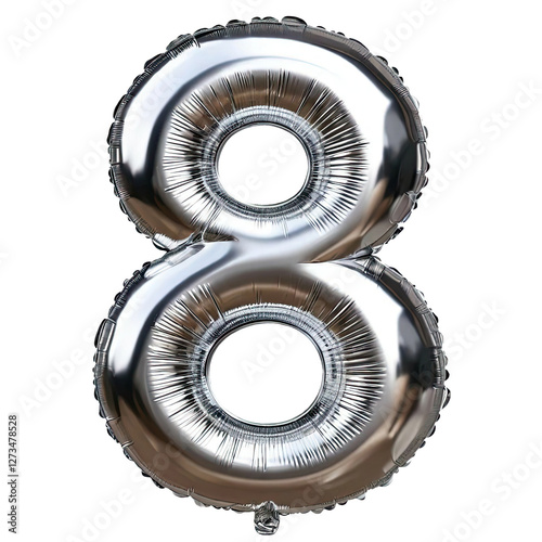 Silver numeral 8 light years, ball isolated on transparent background. Foil helium balloon number 8 in PNG format