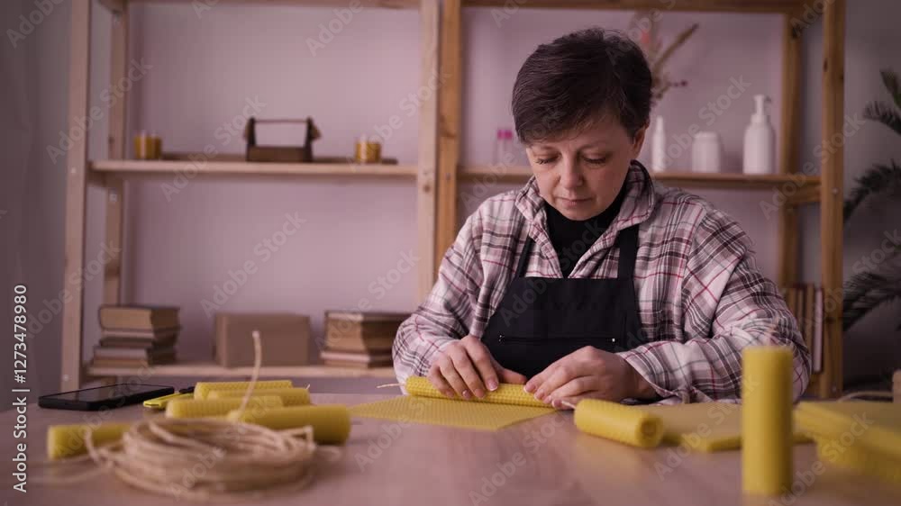 craftswoman making natural handmade candle on table in workshop. craftswoman making natural handmade candle on table in workshop.