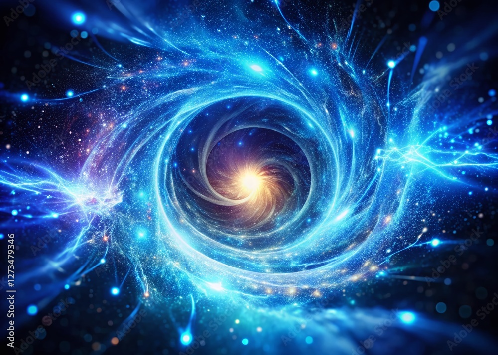 Abstract Blue Energy Plasma Vortex: Rotating Shiny Particles & Waves on Dark Background - Stock Photo Abstract Blue Energy Plasma Vortex: Rotating Shiny Particles & Waves on Dark Background - Stock Photo