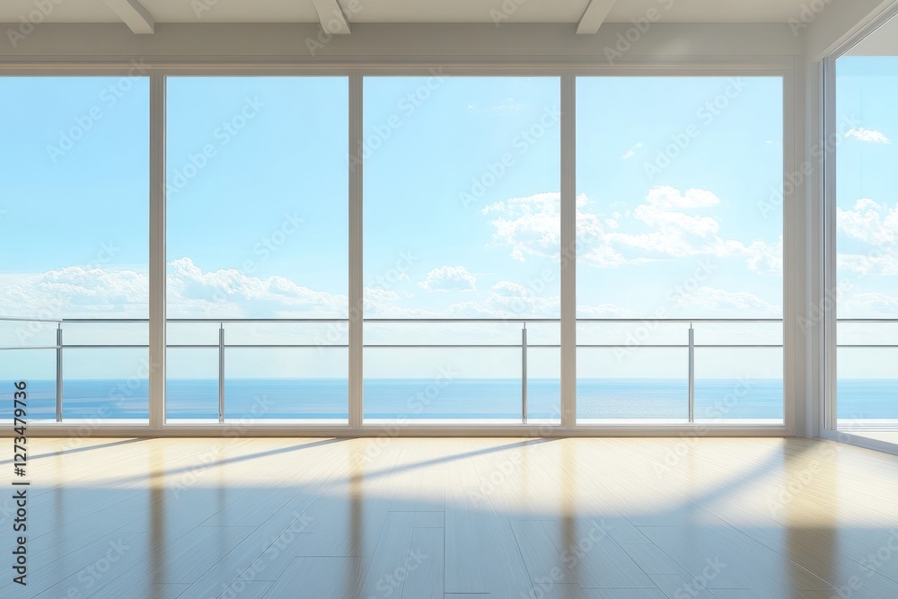 Fototapeta premium Ocean view apartment, sunny day, minimalist interior design, real estate