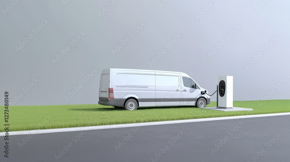 A van charging at an electric vehicle station on a grassy road, showcasing clean energy, EV charging, electric vehicle, advanced technology, hybrid cars A van charging at an electric vehicle station on a grassy road, showcasing clean energy, EV charging, electric vehicle, advanced technology, hybrid cars
