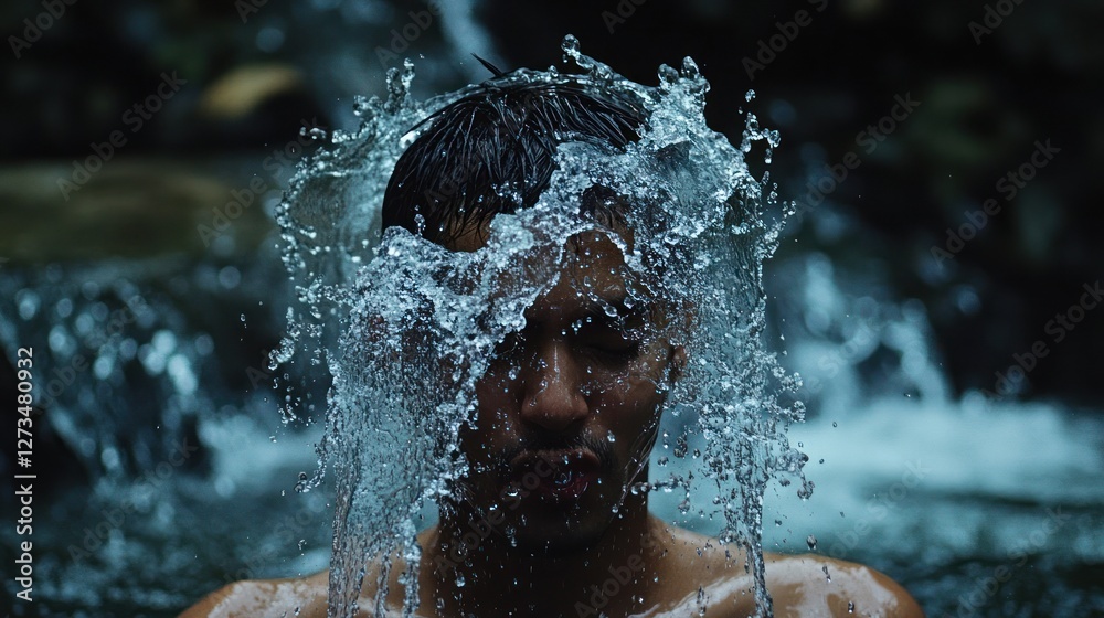 Fototapeta premium A man immersed in a waterfall, water splashing around him, surrounded by lush greenery, capturing a moment of tranquility and nature's beauty