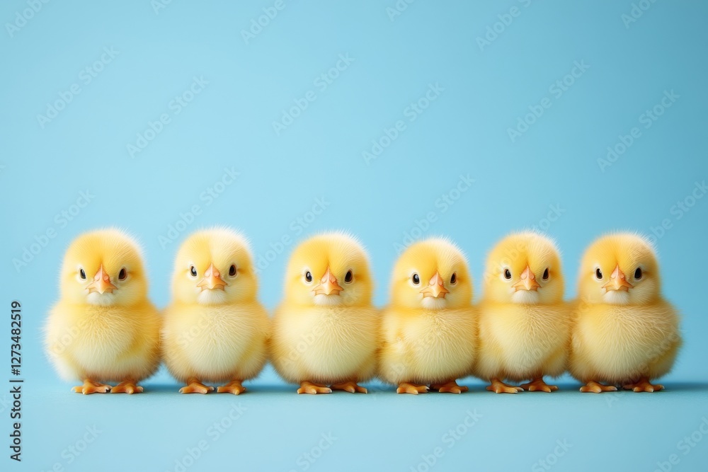Small Easter chickens arranged in a row, displayed on a blue background Small Easter chickens arranged in a row, displayed on a blue background