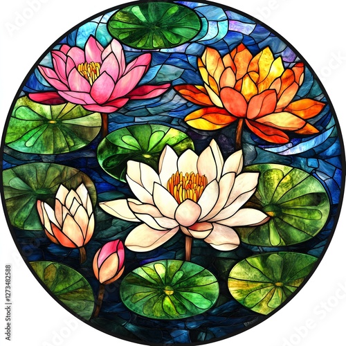 a stained glass depiction of vibrant water lilies floating on a serene pond, with beautiful lotus flowers and leaves. The flowers in pink, orange, and white creates a stunning visual effect