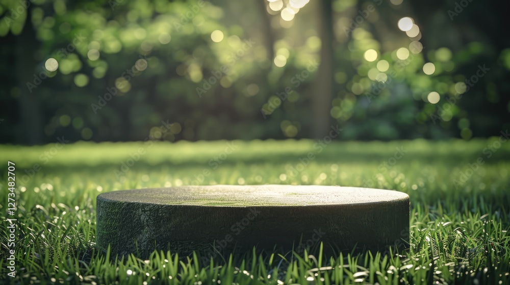 Background with natural stone podium in green grass under sunlight bokeh for eco-friendly product display Background with natural stone podium in green grass under sunlight bokeh for eco-friendly product display