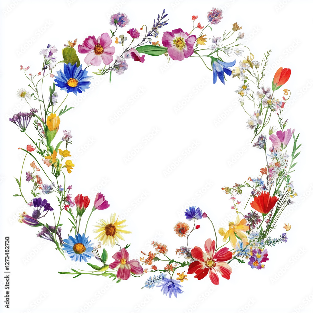 Delicate, beautiful wreath with wildflowers on a white background, top view. The concept of celebrating the summer solstice, summer decoration. Summer registration of discounts, sales, postcards. Delicate, beautiful wreath with wildflowers on a white background, top view. The concept of celebrating the summer solstice, summer decoration. Summer registration of discounts, sales, postcards.
