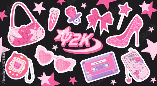 Y2K pink aesthetic sticker set featuring retro fashion icons like sunglasses, handbag, Tamagotchi, cassette, flip phone, high heels, bows, and stars. Millennium style with a girly, glamorous vibe. 