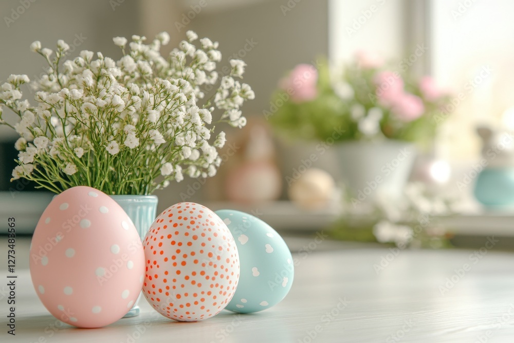 Obraz premium The shiny wooden table is set with Easter decorations such as an Easter bunny, eggs in a basket, and a cabbage leaf for the Easter season