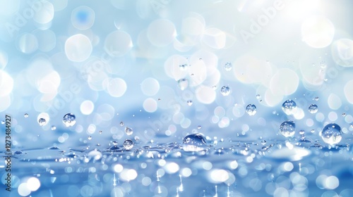Abstract blue water drops with bokeh effect and glowing light bubbles, moisturizing concept background