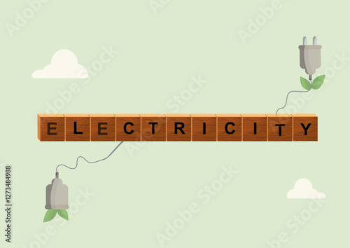 Sustainable Electricity Concept with Eco-Friendly Plugs. electricity with wooden block letters, eco-friendly plugs, and leaves, symbolizing renewable energy and sustainability. Vector illustration