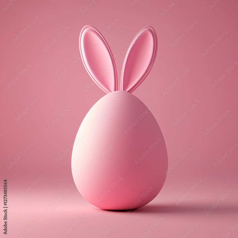 Fototapeta premium A simple Easter egg design with rabbit ears, against a pastel pink background. 3D rendering with a minimalistic approach