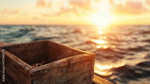 A classic wooden box resting by the ocean's edge, capturing the enchanting moment of sunlight dancing on the water and instilling a sense of mystery and allure. photo