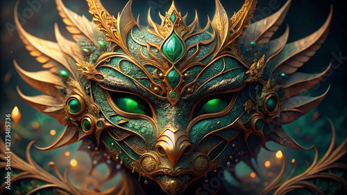 A dragon-themed masquerade mask with intricate gold and emerald details photo