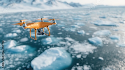 An orange drone captures breathtaking aerial views of an icy ocean landscape, showcasing the vastness and beauty of nature from a unique perspective. photo