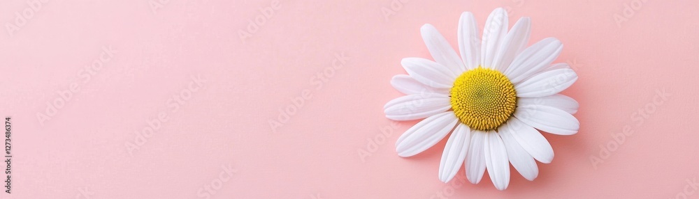 A single daisy rests on a pink background