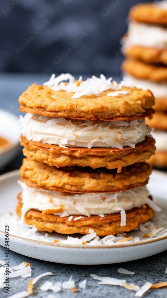 Stacked oatmeal coconut cream sandwich cookies with shredded topping Stacked oatmeal coconut cream sandwich cookies with shredded topping