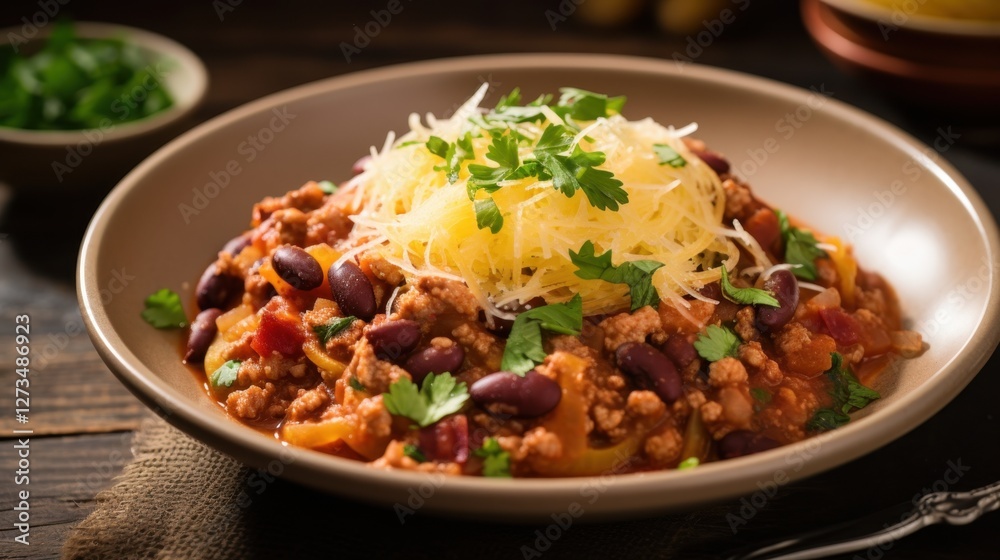 Hearty chili con carne with spaghetti topped with shredded cheese and fresh parsley Hearty chili con carne with spaghetti topped with shredded cheese and fresh parsley