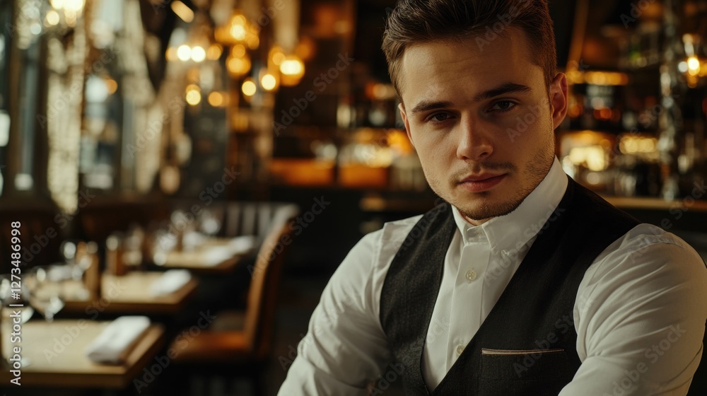 Fototapeta premium Man dining in a cozy restaurant setting, possibly waiting for food or enjoying a meal