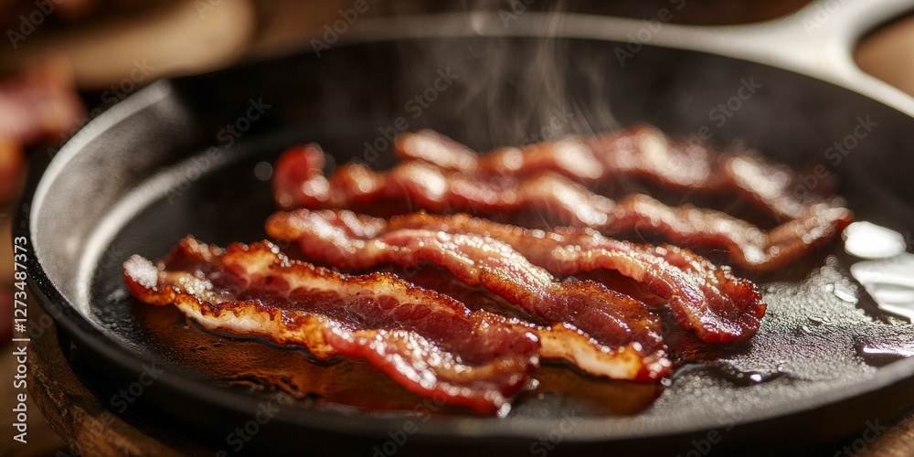 Fototapeta premium Delicious crispy bacon cooking in cast iron pan