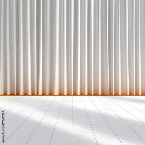 Bright  modern interior featuring large white curtains and a clean tiled floor  perfect for presentations and events.