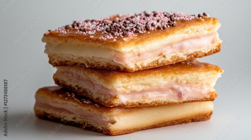 Stacked layers of pastry with cream filling, decorated with pink sprinkles, showcase a treat that is both visually appealing and delicious, ideal for dessert lovers. Stacked layers of pastry with cream filling, decorated with pink sprinkles, showcase a treat that is both visually appealing and delicious, ideal for dessert lovers.