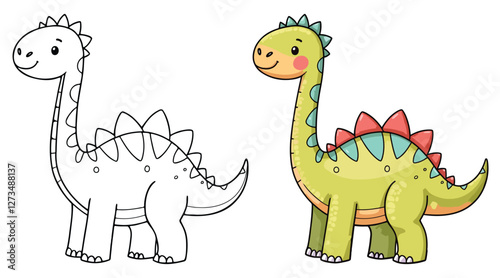Dinosaur Isolated Line Art Vector Outline Illustration Black and White with Coloring Sample