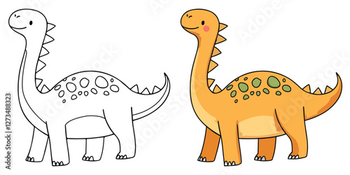 Dinosaur Isolated Line Art Vector Outline Illustration Black and White with Coloring Sample