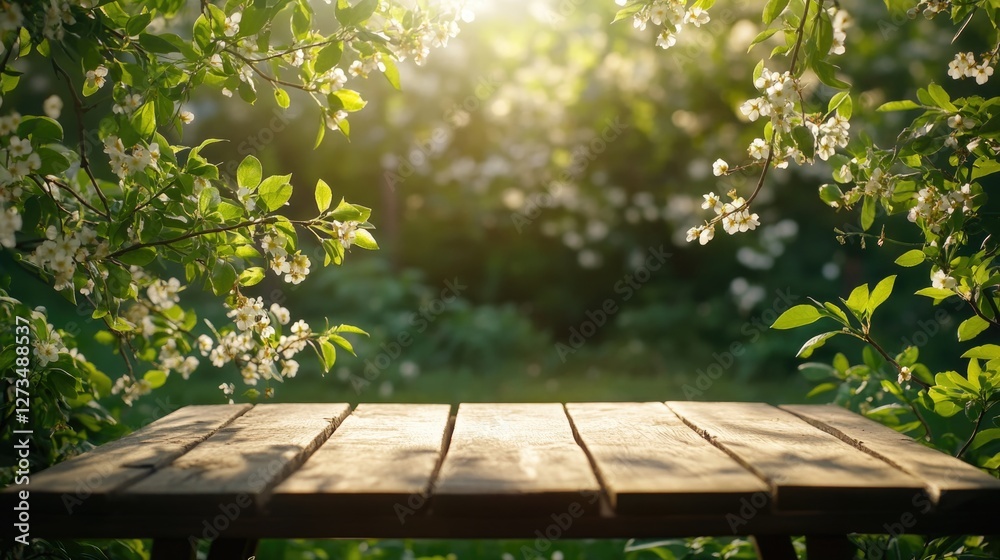 Naklejka premium A wooden table in a peaceful garden setting