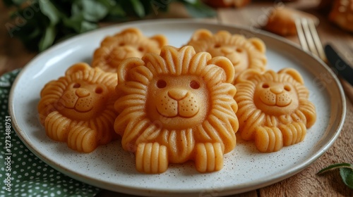 Lion-shaped dessert on plate, sweet treats, close-up, food photography