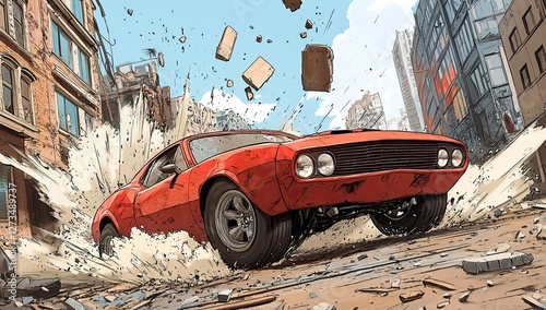 A red muscle car driving through an old wall, breaking it down into pieces of brick and concrete