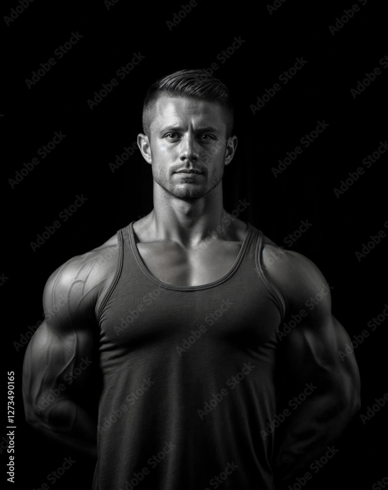 a man wearing a sleeveless top, standing against a dark background. The top is likely made of a fabric material, such as cotton or a blend, and the person is in a pose that highlights his muscles.