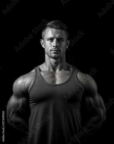 Obraz na płótnie a man wearing a sleeveless top, standing against a dark background. The top is likely made of a fabric material, such as cotton or a blend, and the person is in a pose that highlights his muscles. w salonie