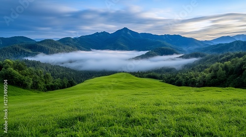 Lush Green Valley Surrounded by Rolling Hills and Mountains Shrouded in Morning Mist photo