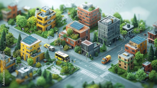 Miniature urban city, green spaces, sustainable buildings, aerial view, illustration, for educational use photo