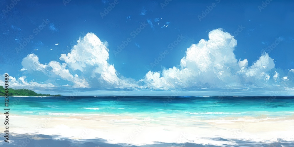 Obraz premium Detailed watercolor of a serene beach under a vivid, deep-blue sky adorned with soft white clouds. Close-up view captures the tranquil essence of the shore